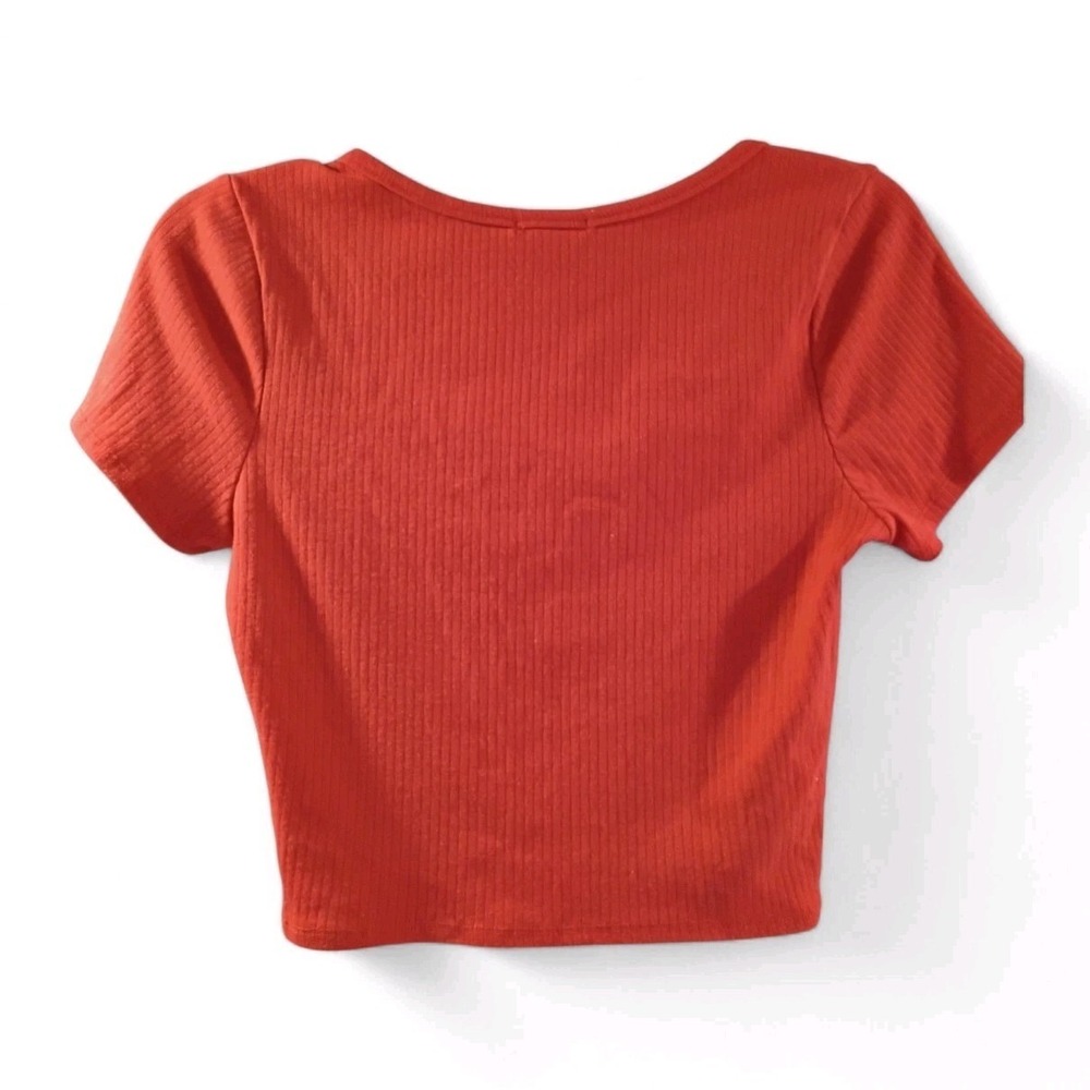 Bozzolo Rust Burnt Orange Cropped Stretch Knit V-Neck ShortSleeve Top Large EUC - Picture 3 of 5